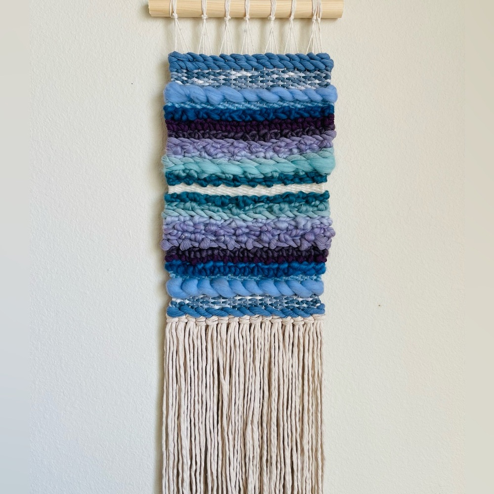 Handmade weaving tapestries created by me. Title “Into the sky”